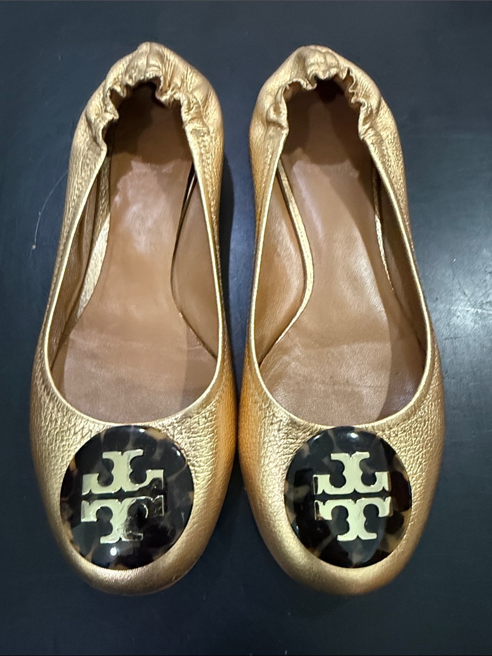 Tory Burch Metallic Gold Logo Ballet Flats